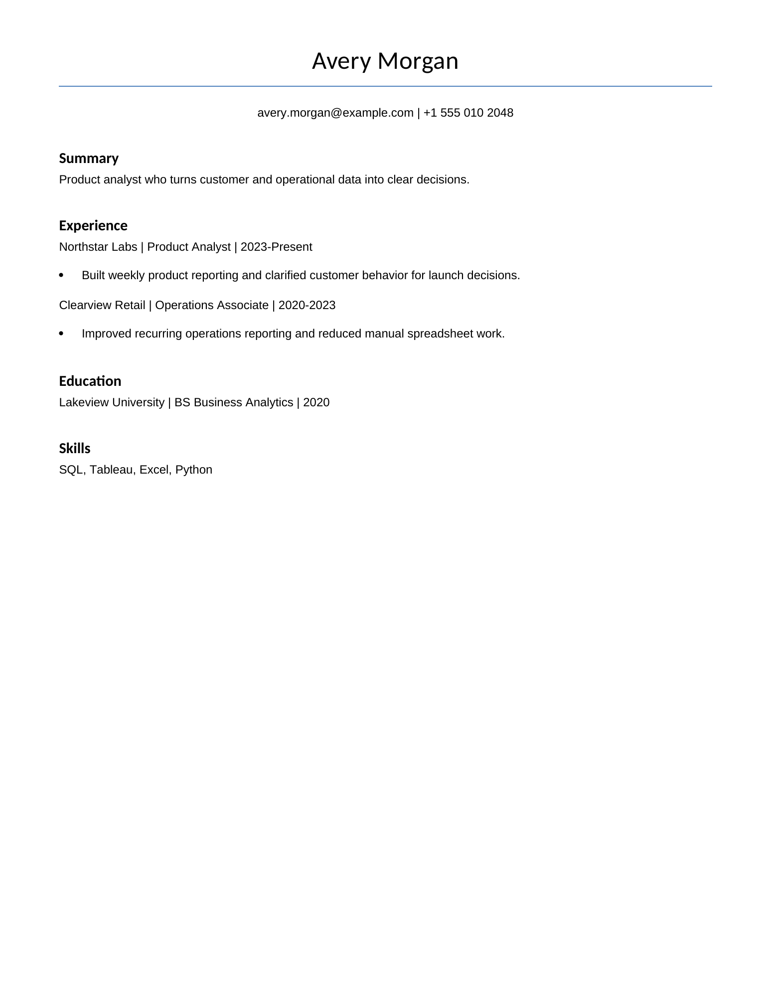 Synthetic resume converted to a clean single-column document